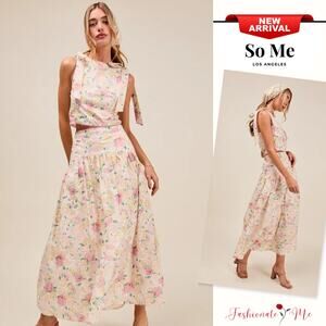 So Me Floral Print Woven Shoulder Bow Tie Top & High Waist Maxi Skirt Set | Pink